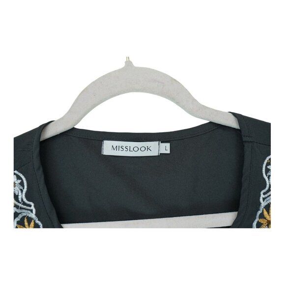 MISSLOOK Women's Black Embroidered Front Blouse Lace Sleeves Size Large - Picture 3 of 6